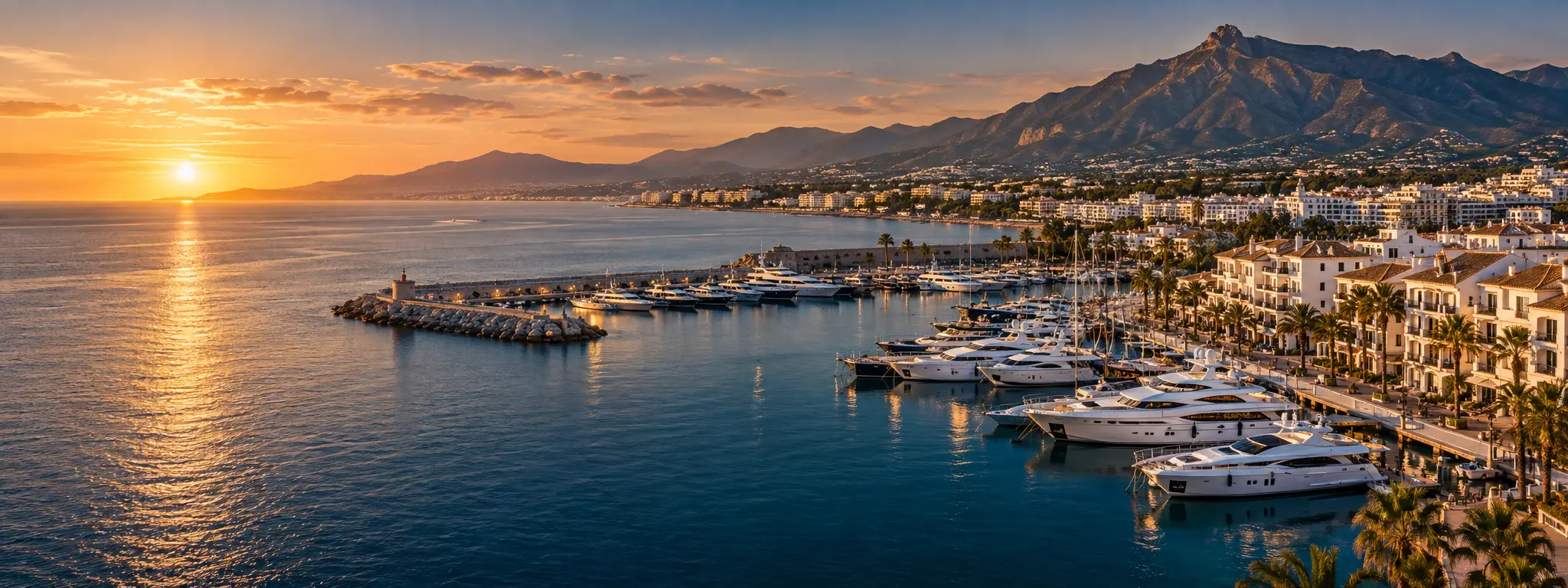 Marbella-inspired Mediterranean marina with luxury yachts at sunset